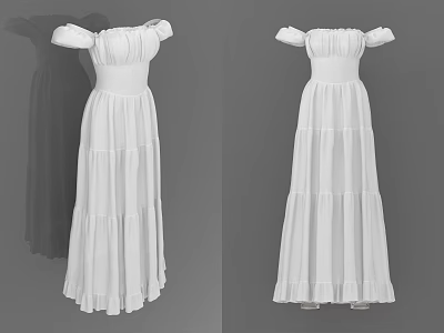 Elegant White Off Shoulder Layered Ruffled Fitted Waist Long Dress For Women 3d model