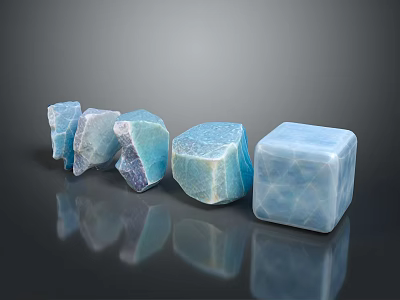 Blue Stones With Various Shapes Including Cube And Irregular Forms On Black Surface With Reflections 3d model