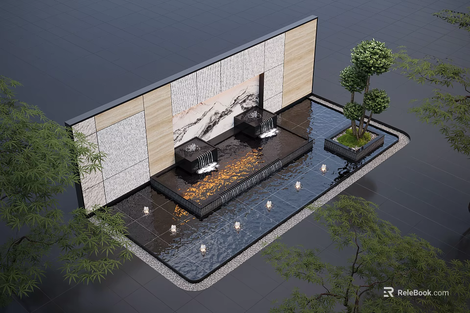 Outdoor Water Fountain With Decorative Wall And Ambient Lighting In Courtyard 3d model 