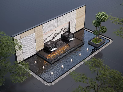 Outdoor Water Fountain With Decorative Wall And Ambient Lighting In Courtyard 3d model