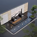 Outdoor Water Fountain With Decorative Wall And Ambient Lighting In Courtyard
