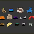 Pixel Art Train Among Diverse 3D Items
