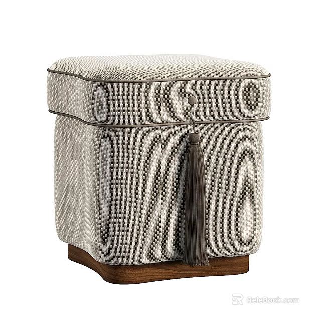 Upholstered Storage Ottoman with Diamond Pattern Tassel Detail and Wooden Base 3d model 
