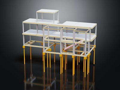 Open Multi Tier Furniture Shelves With White Surfaces And Yellow Legs 3d model