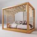 Outdoor Sofa with Wooden Frame Canopy and Fabric Curtains Striped Solid Cushions Small Stool