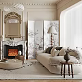 Elegant Living Room Interior Design With Fireplace Sofa Armchair Decorative Screen And Chandelier