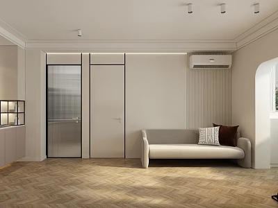 Modern Living Dining Room Interior With Sofa Herringbone Floor And Neutral Cabinet 3d model
