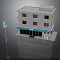 Three Story Building With Ground Floor Shop Green Blue Stripe Signboard And Road Sign