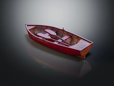 Reddish Brown Wooden Boat with Seats and Reflection on Dark Smooth Surface 3d model