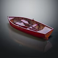 Reddish Brown Wooden Boat with Seats and Reflection on Dark Smooth Surface