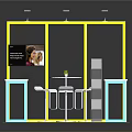 Modern Display Cabinets and Shelves with Yellow Frames and Round Table in Exhibition Area