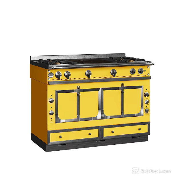 Modern Yellow Kitchen Stove With Multiple Burners Oven Doors And Drawers 3d model 