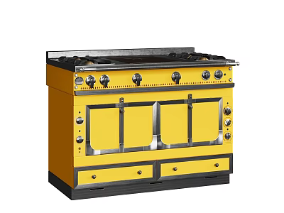 Modern Yellow Kitchen Stove With Multiple Burners Oven Doors And Drawers 3d model