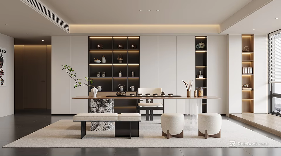 Modern Tea Room Interior With Wooden Shelves Tea Table And Ceramic Tea Sets 3d model 