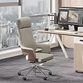 Modern Public Office Space With Ergonomic Chair Wooden Desk Computer Monitor And City View