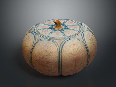 Pumpkin Shaped Ceramic Container With Decorative Lid Blue Lines And Floral Patterns 3d model