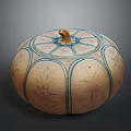 Pumpkin Shaped Ceramic Container With Decorative Lid Blue Lines And Floral Patterns