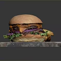 Juicy Hamburger With Cheese Patty And Fresh Vegetables Served With Crispy Fries On Wooden Board
