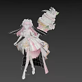 Woman With Pink Hair And Cake Headpiece In Elegant White Pink Dress