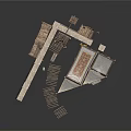 Ancient Architectural Scene Component With Stone Wall Wooden Stairs Crane Tiled Roof And Hanging Vessels