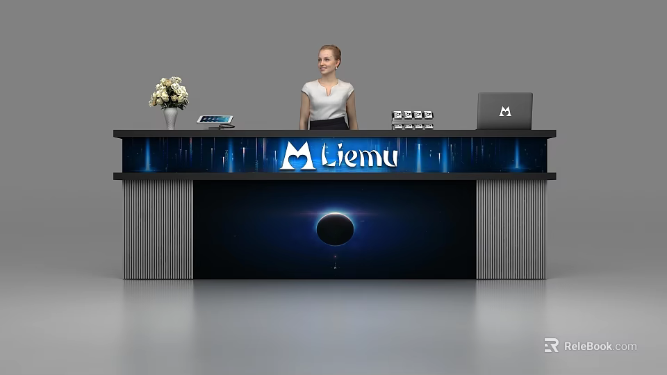 Modern Reception Desk with Miemu Logo Flower Vase Tablet Laptop Starry Background and Vertical Stripes 3d model 