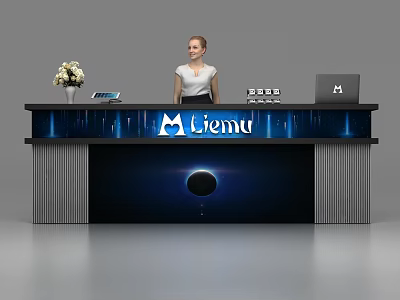 Modern Reception Desk with Miemu Logo Flower Vase Tablet Laptop Starry Background and Vertical Stripes 3d model