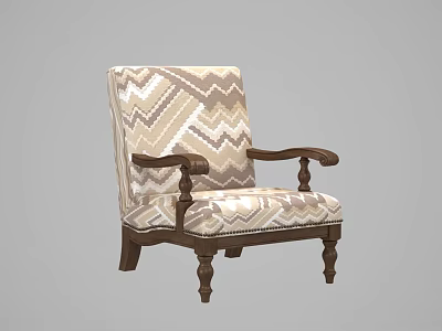 Comfortable Accent Leisure Chair With Wooden Armrests Carved Legs And Beige Brown Geometric Pattern Fabric 3d model