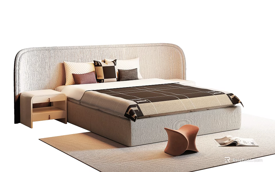 Modern Double Bed With Upholstered Headboard Decorative Pillows Nightstand And Area Rug 3d model 