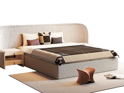 Modern Double Bed With Upholstered Headboard Decorative Pillows Nightstand And Area Rug 3d model