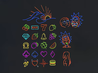 Colorful Decorative Lights With Neon Patterns Sun Wave Fruits And Cartoon Characters On Black Background 3d model