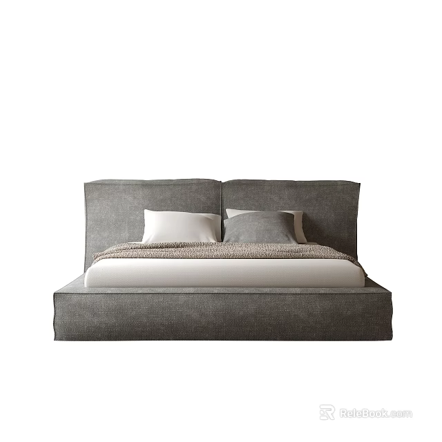Modern Double Bed Interior Design With Padded Headboard And White Grey Pillows 3d model