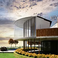 Modern Cultural Center Building With Outdoor Garden Wooden Railings And Yellow Flowers