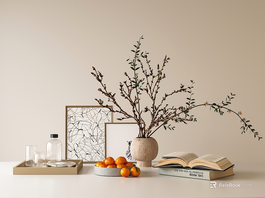 Decorative Ornament Combination with Vase Branches Open Book Oranges Frames and Tray on White Table 3d model 