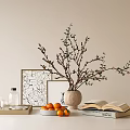 Decorative Ornament Combination with Vase Branches Open Book Oranges Frames and Tray on White Table