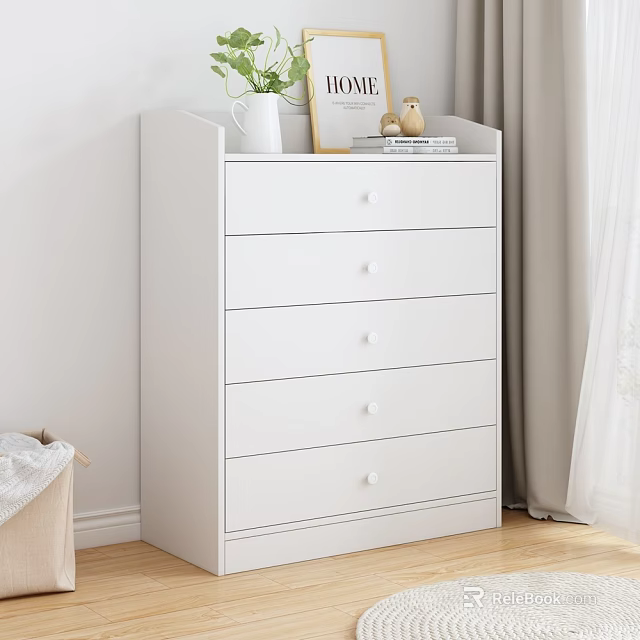 White Five Drawer Dresser With Potted Plant Picture Frame And Decorative Items On Top In Simple Modern Interior 3d model 