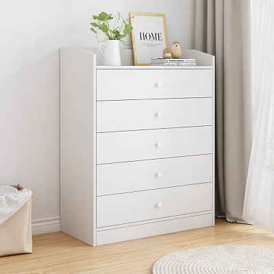 White Five Drawer Dresser With Potted Plant Picture Frame And Decorative Items On Top In Simple Modern Interior 3d model