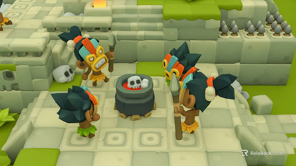 Cartoon Scene With Three Feathered Characters Around Skull Cauldron And Stone Steps 3d model 