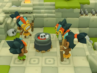 Cartoon Scene With Three Feathered Characters Around Skull Cauldron And Stone Steps 3d model