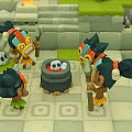 Cartoon Scene With Three Feathered Characters Around Skull Cauldron And Stone Steps
