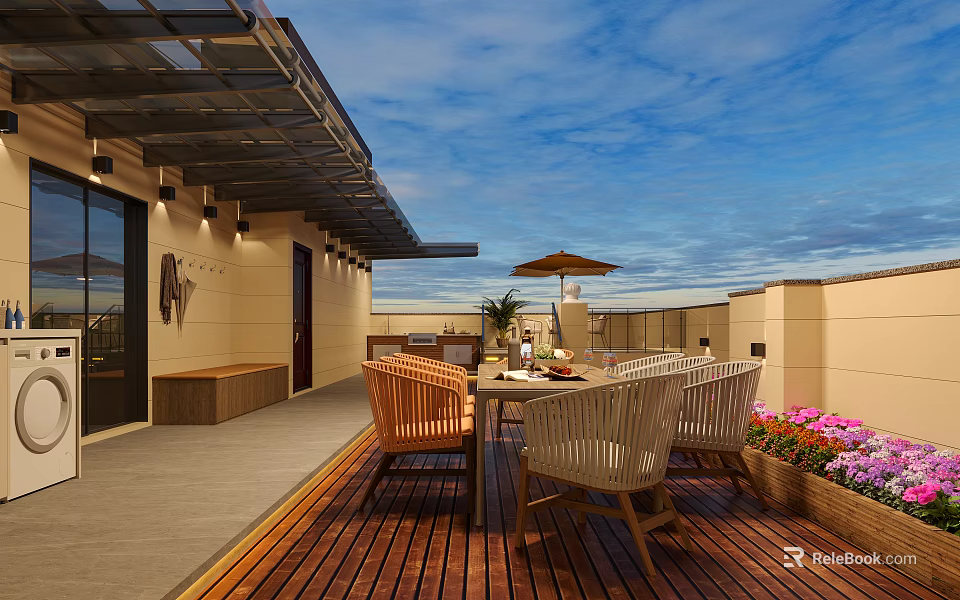 Cozy Outdoor Terrace With Wooden Flooring Table And Chairs Sunshade Umbrella And Flower Bushes 3d model 