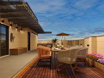 Cozy Outdoor Terrace With Wooden Flooring Table And Chairs Sunshade Umbrella And Flower Bushes 3d model