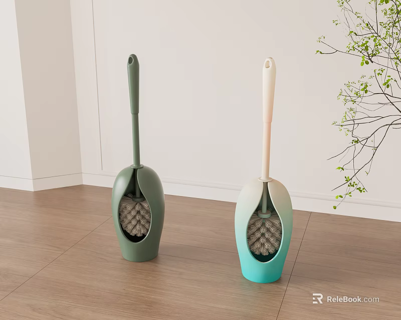 Modern Toilet Brushes With Green And Teal Handles On Wooden Floor Near Plant 3d model 