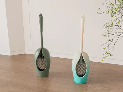 Modern Toilet Brushes With Green And Teal Handles On Wooden Floor Near Plant 3d model