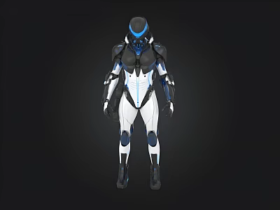 Futuristic Cybernetic Tech Suit With Blue White Accents And Sleek Armor Design 3d model