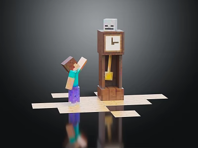 Minecraft Style Decorative Figurine And Grandfather Clock Ornament Set On Checkerboard Wooden Base 3d model