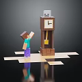 Minecraft Style Decorative Figurine And Grandfather Clock Ornament Set On Checkerboard Wooden Base