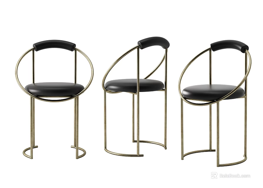 Modern Leisure Chairs with Black Leather Seats Gold Metal Frames and Curved Armrests 3d model 