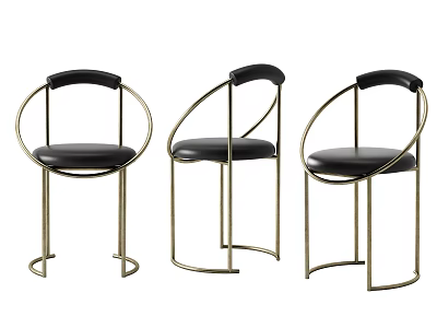 Modern Leisure Chairs with Black Leather Seats Gold Metal Frames and Curved Armrests 3d model