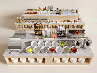 Buffet Table With Tiers Various Foods Bowls Plates Condiments On Marble Countertop White Cup Storage 3d model