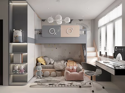 Kids Room Interior Design With Bunk Bed Staircase Window Blinds Toys Rug Desk And Chair 3d model